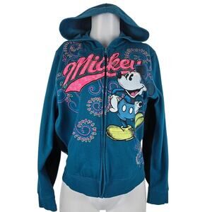 Disney Mickey Mouse Turquoise Semi Embroidered Full Zip Hooded Women's Jacket S